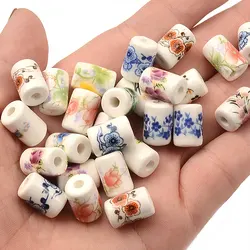 0.8x1.2cm 20pcs Random Color Mix Printing Flower Pattern Porcelain Beads Cylinder Ceramic Pendant DIY Jewelry Making