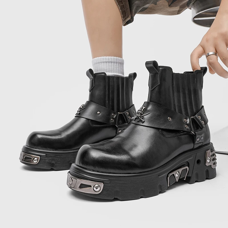 New Designer Paris Trendy Punk Men's Shoes Fashion Genuine Leather Shoes Thick-soled Retro Motorcycle Rock Stage Men Ankle Boots