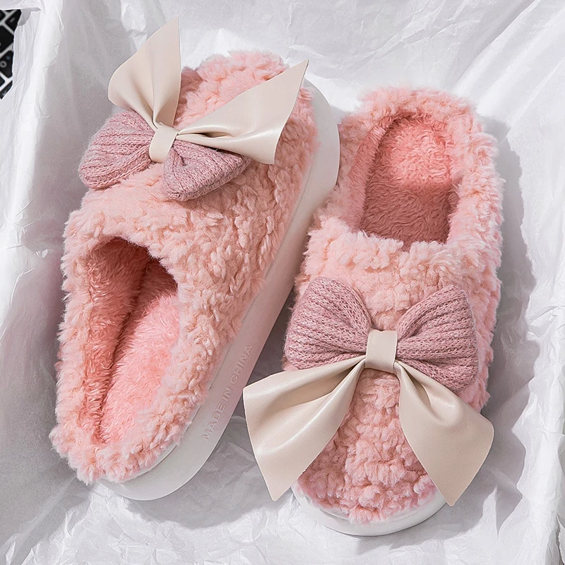 Fashion Bowknot Cotton Slippers Women Thick Sole Anti-Slip House Cotton Shoes Woman Flat Heels Platform Warm Slippers 2024 New