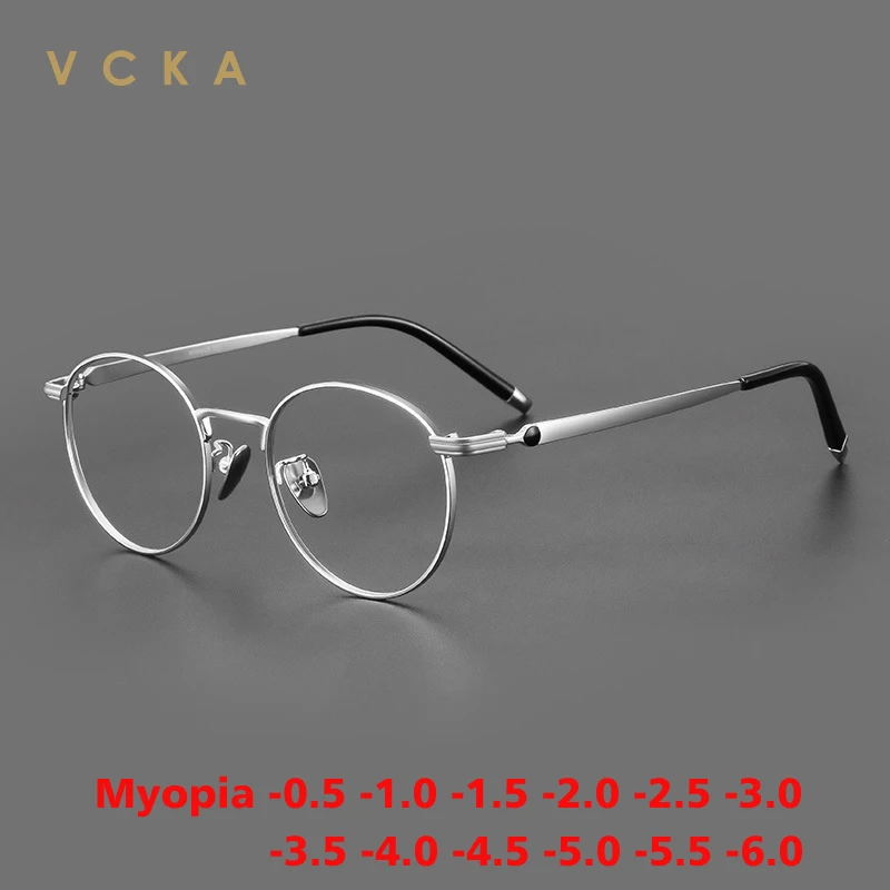 

VCKA Vintage Titanium Myopia Glasses Frame Men Round Optical Prescription Eyeglasses Women Ultralight Eyewear -0.50 to -10