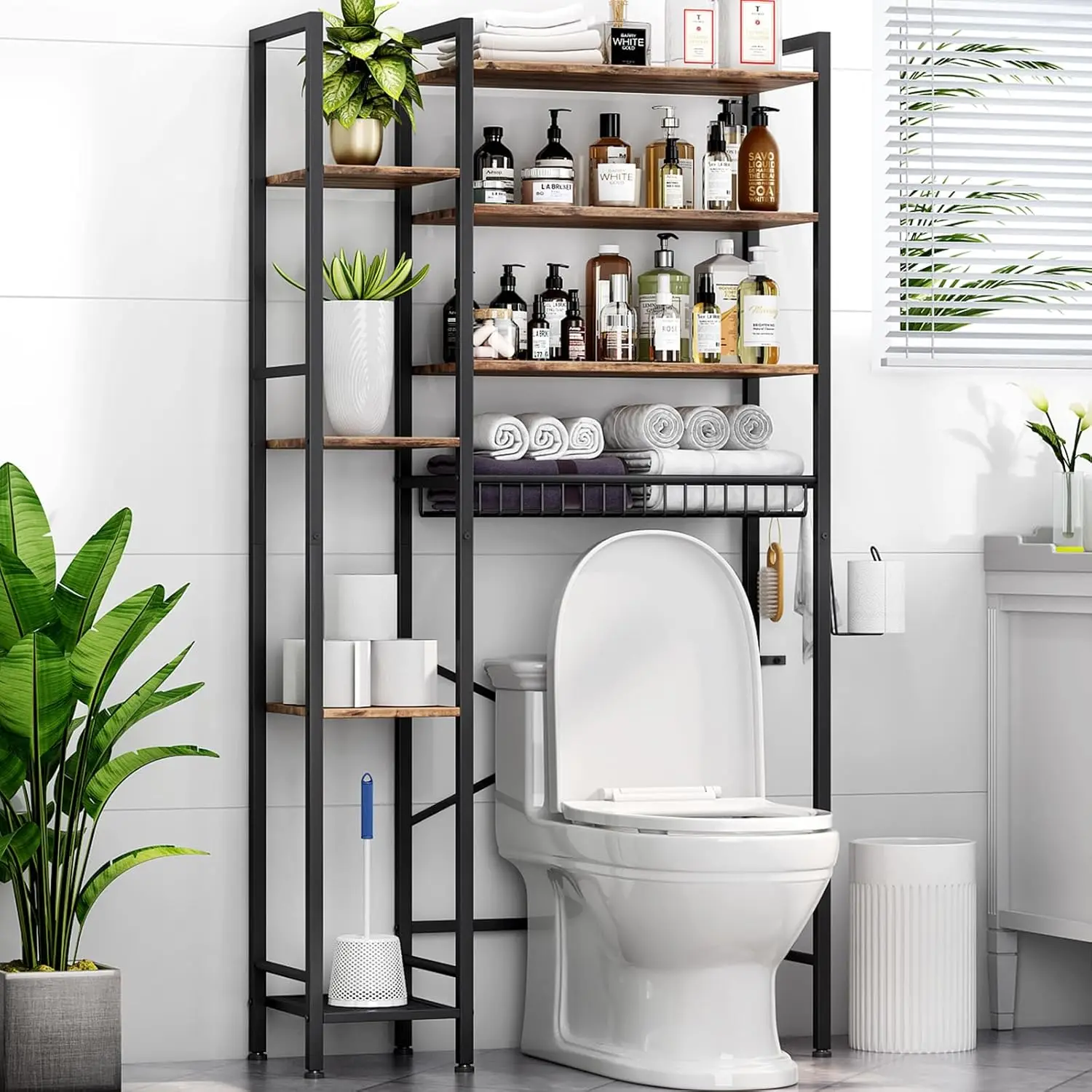 

8-Tier Over The Toilet Storage with Side Rack, Over Toilet Storage Rack with Adjustable Shelf & Drain Basket, Freestanding Ba