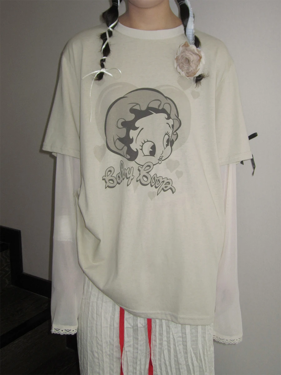 

Autumn New Loose Long Sve Cartoon Print T-irt Fem Casual Comfortable Cotton Blend Fake Two-Piece Top Korean Sle