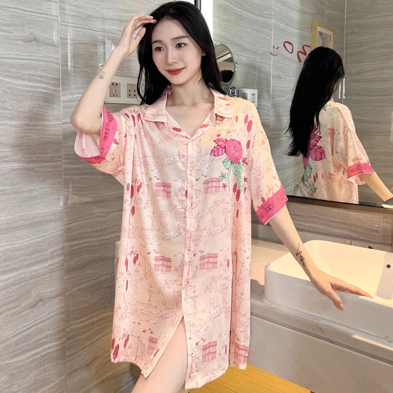 Stain Nightdress for Women Short Sleeve Spring Summer Nightgowns & Sleepshirts Women Sleepwear Shirt Buttons Outwear Shirt