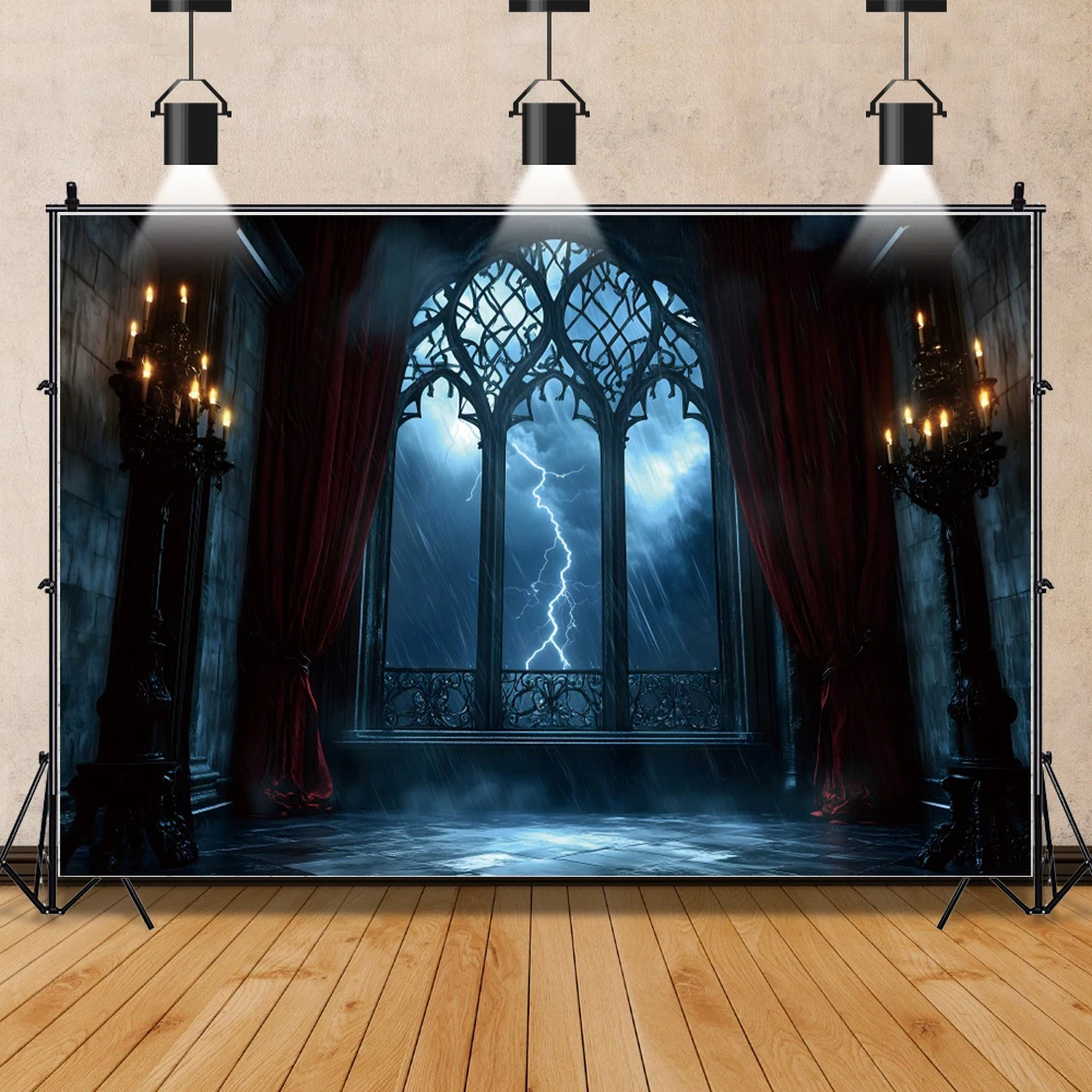 Gothic Vampire Moonbat Background Medieval Castle Lightning Halloween Party Decoration Backdrop Photo Prop Photography Studio