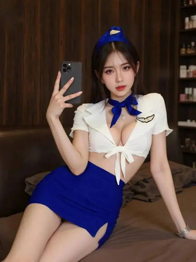 Nightclub Wear For Woman Sexy Pure Desire Skirt Sets Stewardess Costume Sexy Deep V Short Sleeved Skirt Sets Charming RJAP