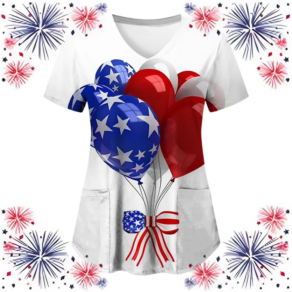 Women's Tee Shirt Patriotic Scrub Tops For Womens V-Neck Short Sleeve Independence Day 3d Working Uniform Loose Tees Shirts Tops