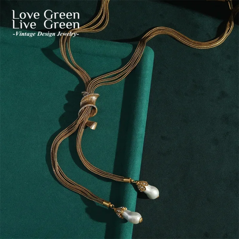 

Vintage Jewelry Chain Necklace Women Gold Color Pearl Pendant Line Tassel Baroque Bohemian Style Classic Elegance New In Gift