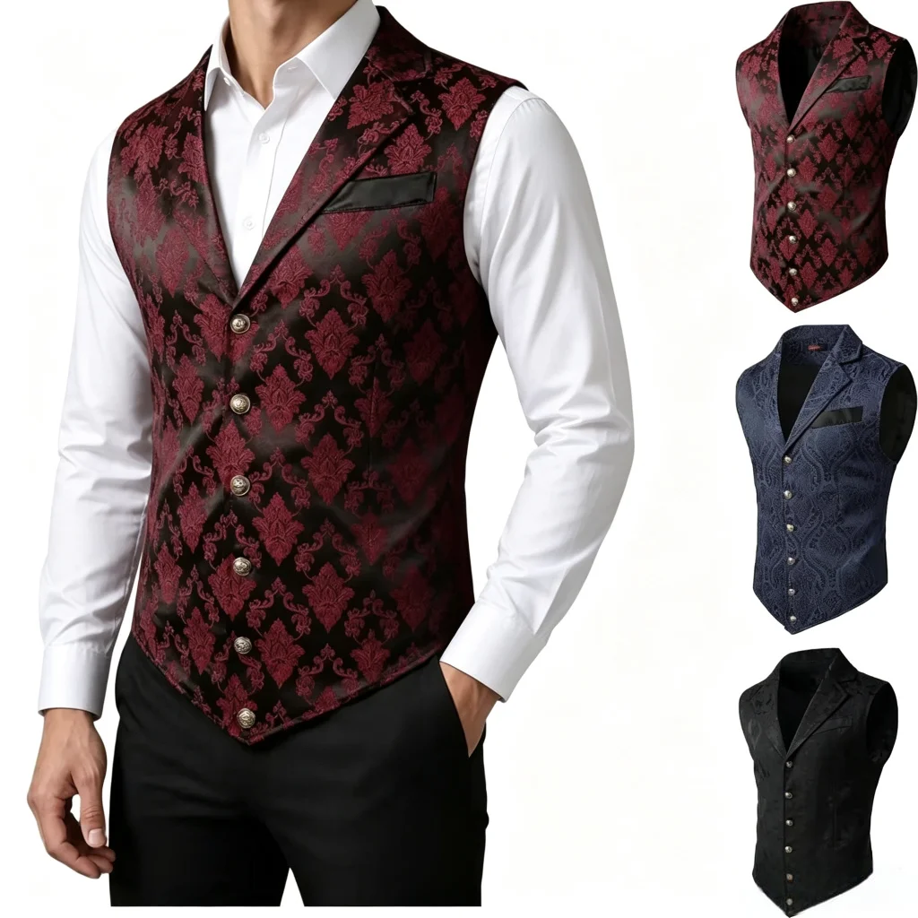 Victorian Floral Jacquard Men Suit Vest Formal Business Lapel Single Breasted Slim Fit Waistcoat Wedding Banquet Party Tops