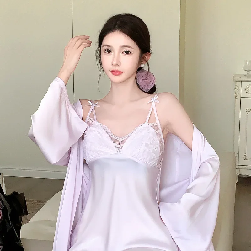 

Twinset Bathrobe Suit Summer Women Silky Satin Nightgown Robe Set Lace Loungewear Kimono Gown Nightwear Sleepwear Homedress
