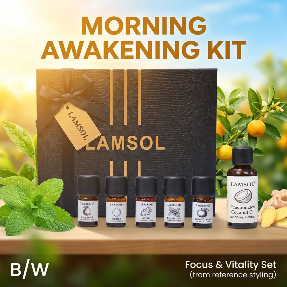 LAMSOL Luxury Home Fragrance Essential Oil Gift Set 75ml - 5 Pure Aromatherapy Oils & 50ml Carrier Oil, Black-Gold Box, Diffuser
