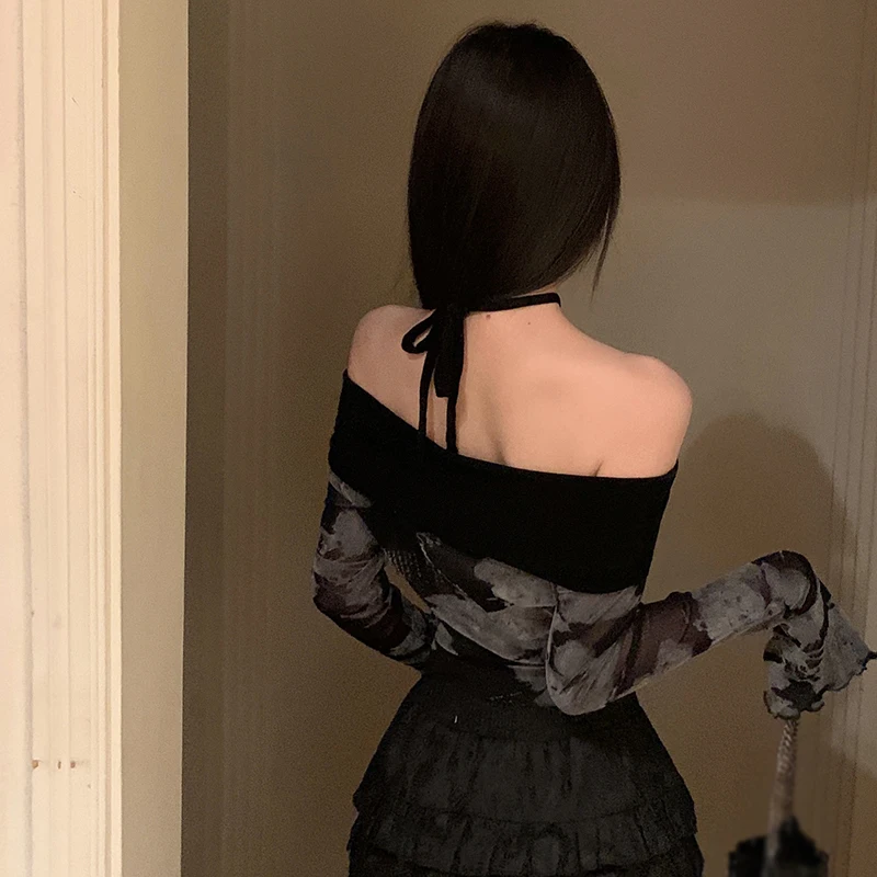 Women\'s Crop Top Korean Version Off Shoulder Tie-Dye Irregular Slim Sexy Fashion Mesh Sunscreen Long Sleeves Crop Top