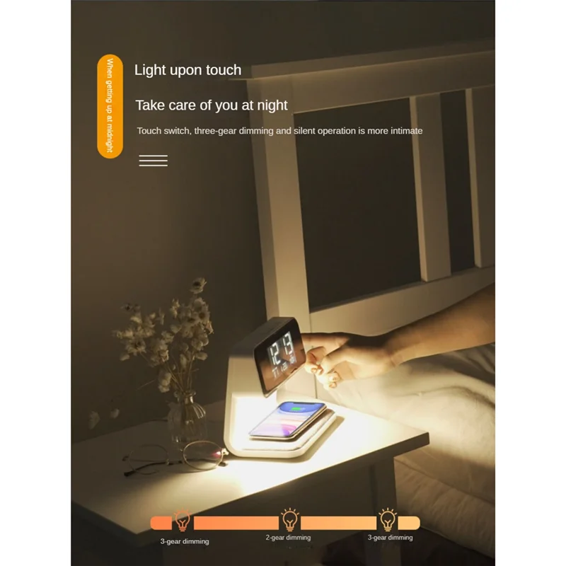 Sveglia con ricarica wireless e luci Stazione di ricarica per sveglia digitale dimmerabile per camera da letto, comodino, ufficio, durevole