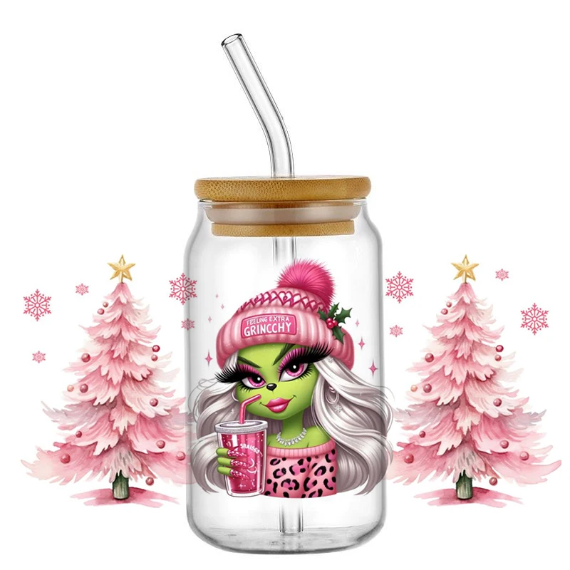 Christmas Green Monster Comic Strip 3D UV DTF Transfer Sticker Waterproof Transfers Decals For 16oz Glass Gift Cup Wrap Sticker