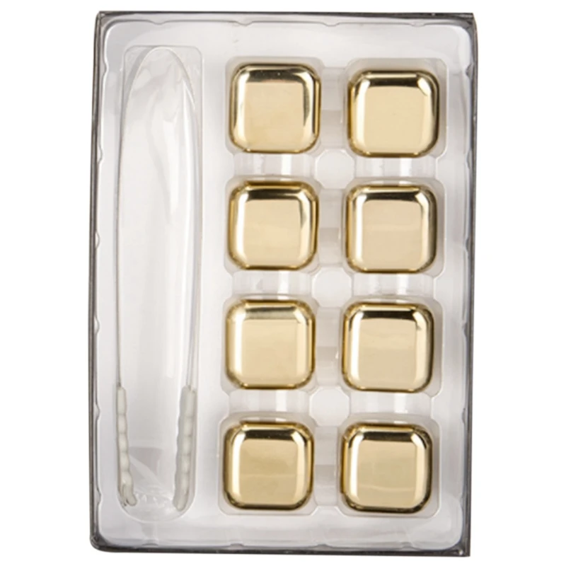 

8Pcs Whiskey Stone,Gold Stainless Steel Square Shaped Metal Ice-Cube, Reusable Chilling Rocks With Clip And Storage Box