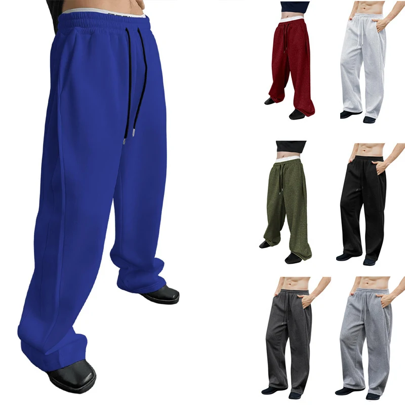 

Men's sweatpants 2025 drawstring straight leg wide leg loose fit with pocket multifunctional solid color sports pant