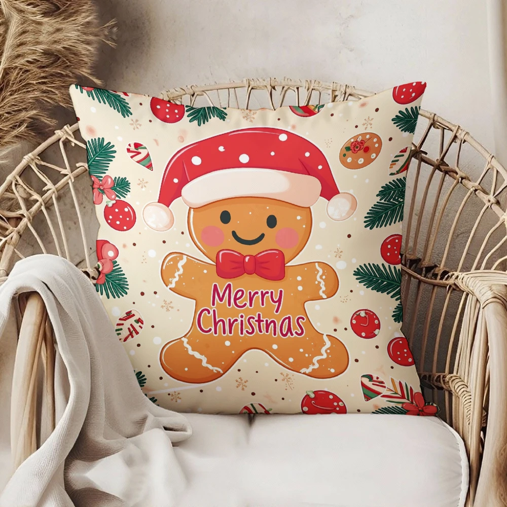 Square Throw Pillow Case Cream White Gingerbread Man Wearing Santa Hat With Merry Christmas Text And Festive Pattern For Home