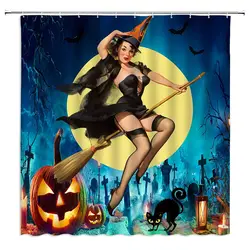 Sexy Witch Shower Curtain Cool Halloween Ghost Eyes Pumpkin Retro Pin Up Girl Body Art Canvas Painting Decor Bathroom Curtains