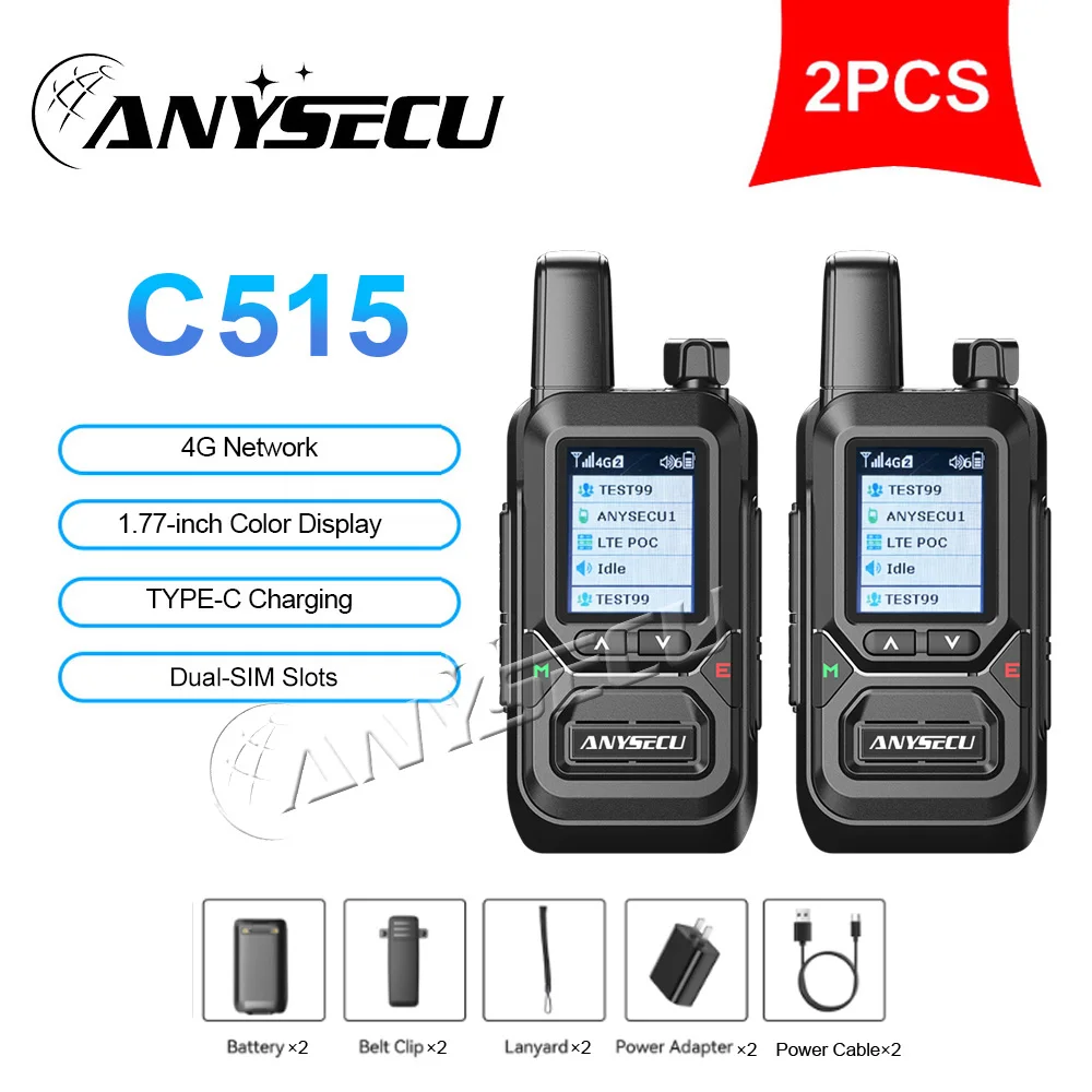 Anysecu C515 4G LTE PoC Walkie Talkie Dual SIM Global PTT 3000mAh Type-C GPS Optional Mini Compact Two Way Radio Noise Reduction