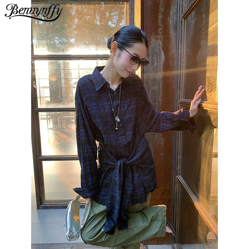 

Винтажная клетчатая рубашка Benuynffy с поясом для женщин, новинка весны 2026, уличный стиль, топы с длинным рукавом, женские свободные блузки на пуговицах