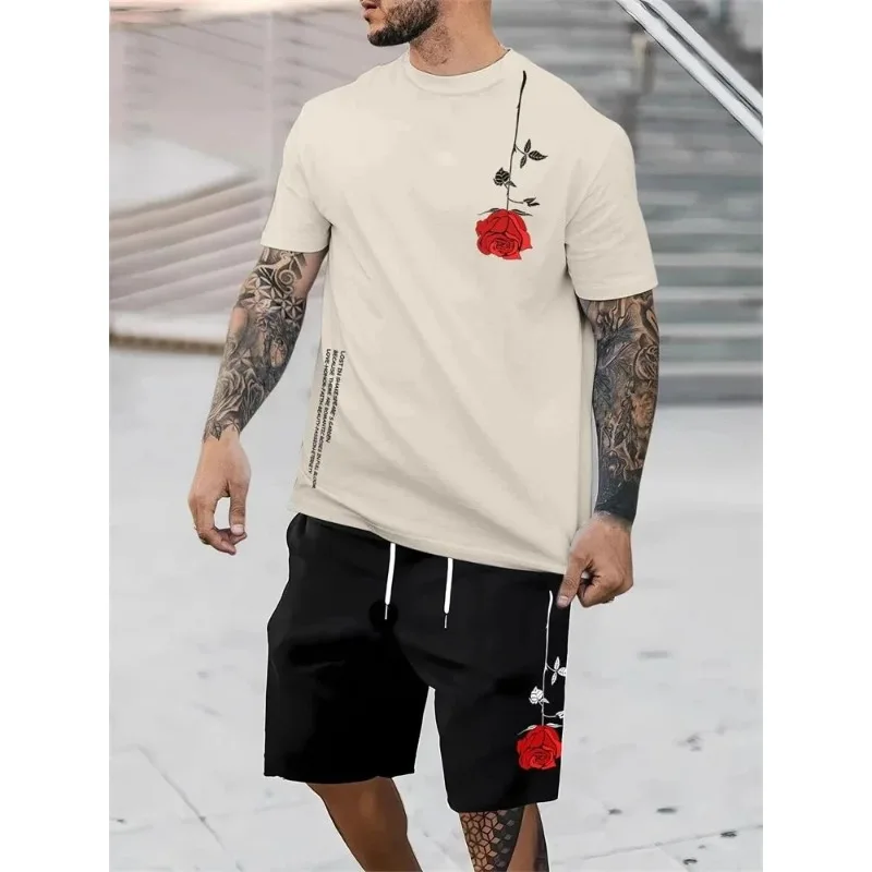 

2025 New 3D Printed Rose Pattern Printed Men's T-shirt Round Neck Short Sleeve Shorts Outdoor Breathable Casual Short Sleeve Set