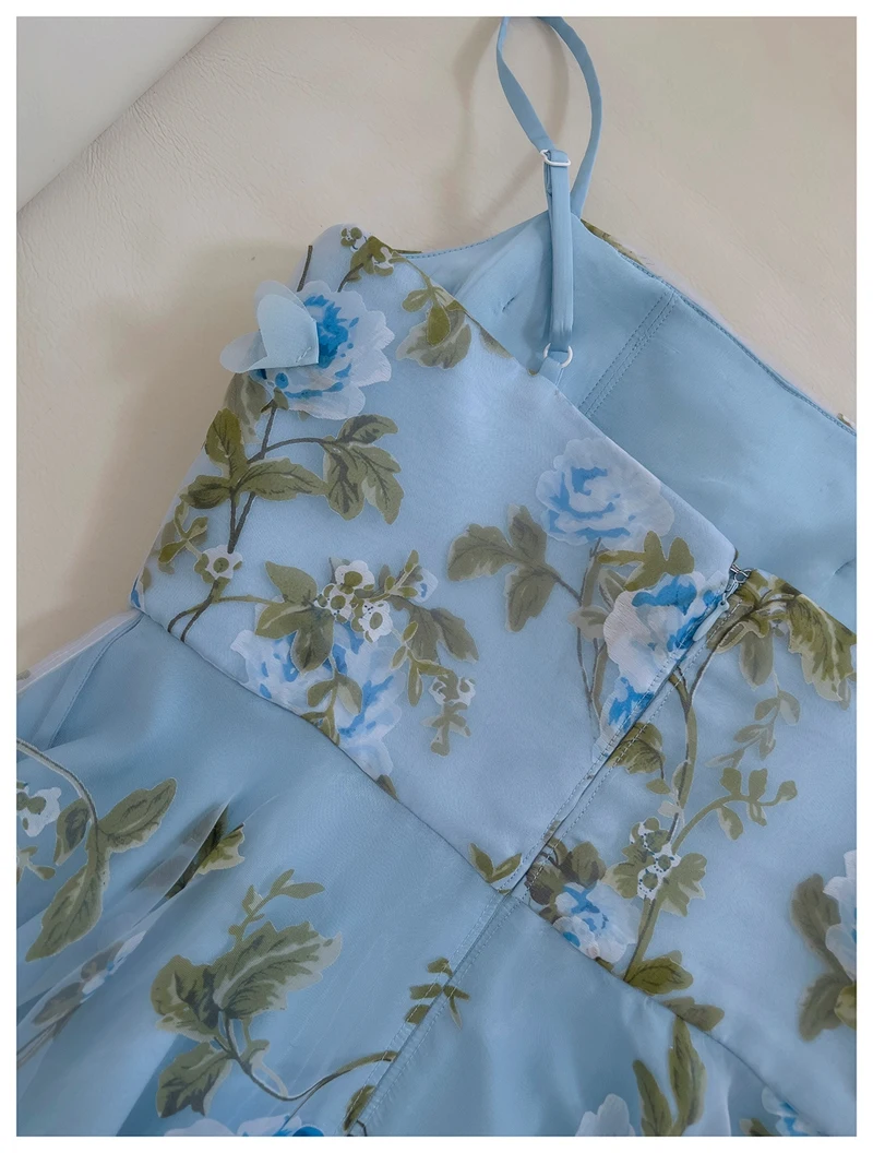 Ele blauwe strapl tule prinses baljurk met 3D bloemversiering faionable a-lijn rok lange avond Dr