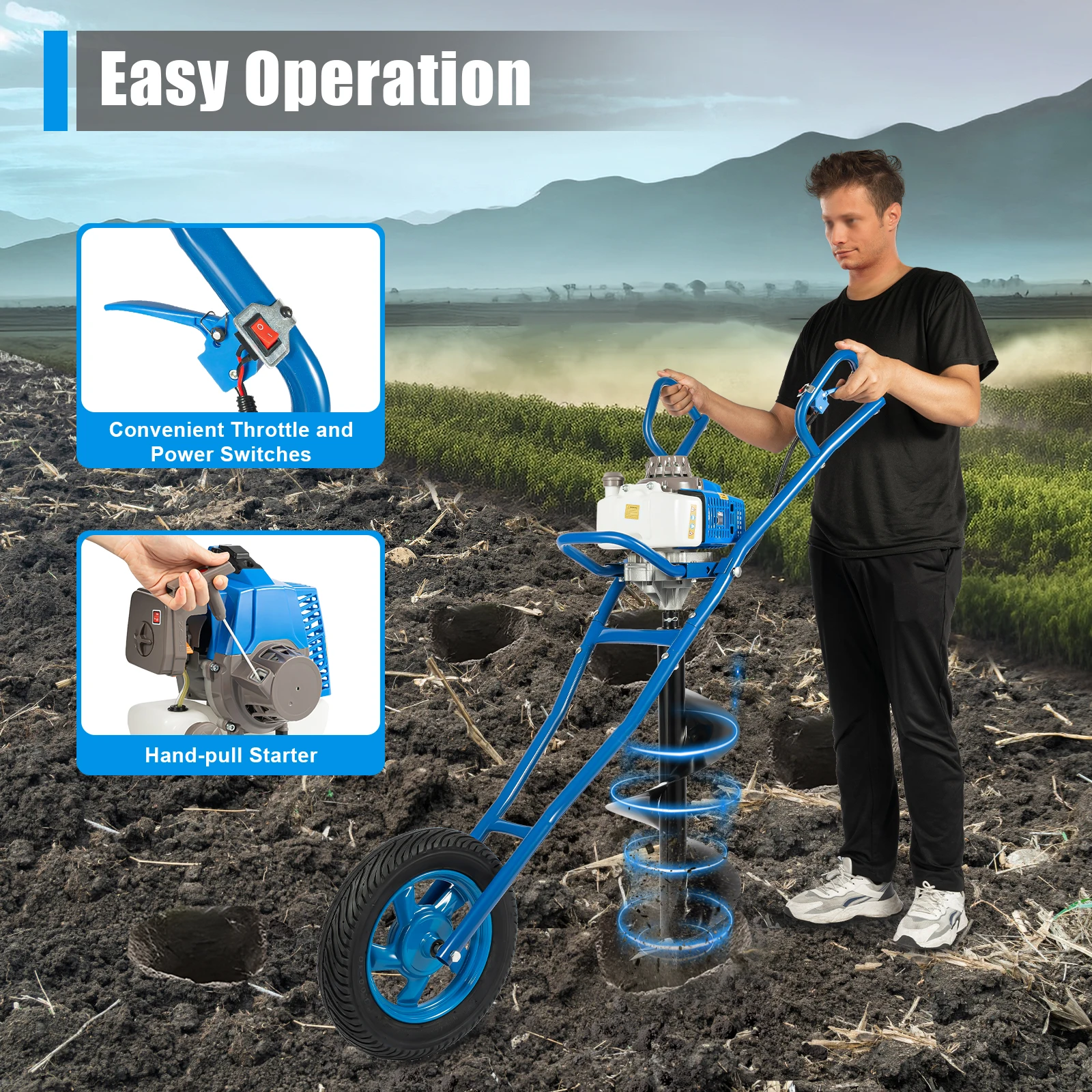 63CC 2 Stroke Post Hole Digger 3HP Gas Powered Earth Auger Borer Ground Drill Wheelbarrow with 11