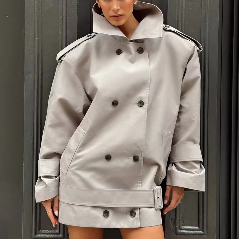 レトロな英国風レディースウインドブレーカー 2025年新作 ダブルブレスト ラペル ウエストシェイプ タイ付き ショートコート