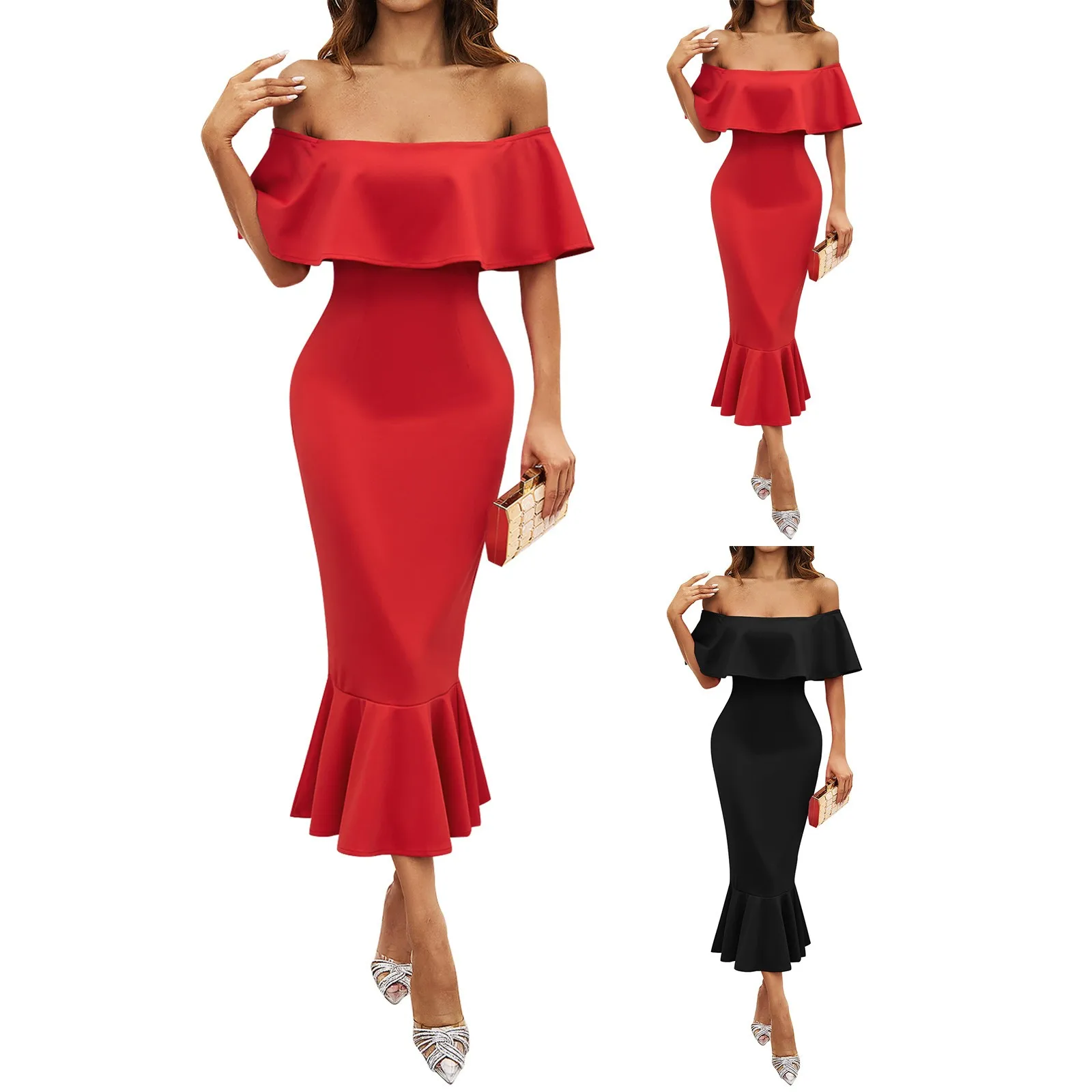 Women'S Fashionable Dress Wrap Chest Fishtail Boat Neck Strapless Dress Sexy Ruffle Edge Solid Color Sheath Dresses Temperament