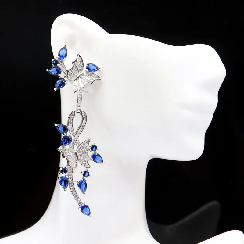 75x25mm Bohemia Design Long Big Size Tanzanite Pink Tourmaline White CZ Women Wedding Silver Earrings