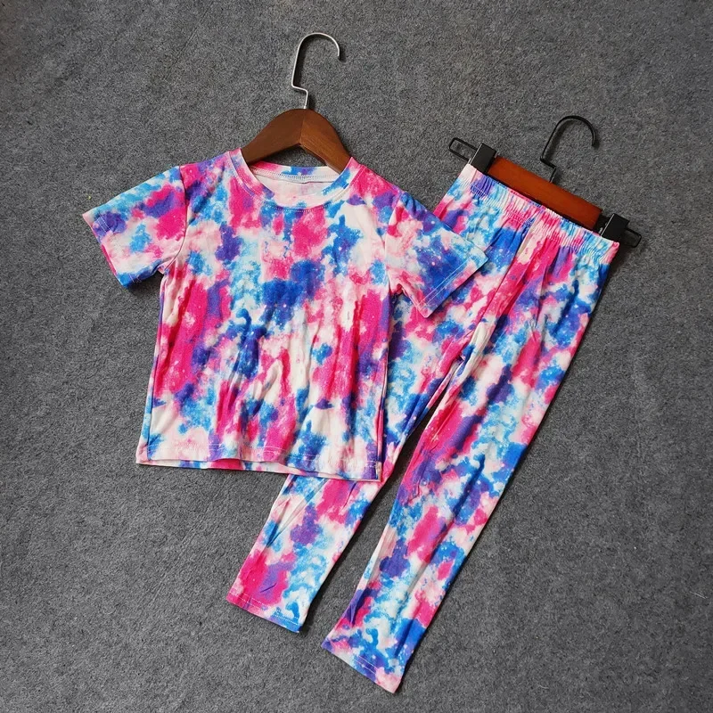 Baby Girls T shirts and Long Pants Suits Summer Tie Dye Print  Kids Girls Tops V-neck T Shirt Children Slim Sport Clothes Set