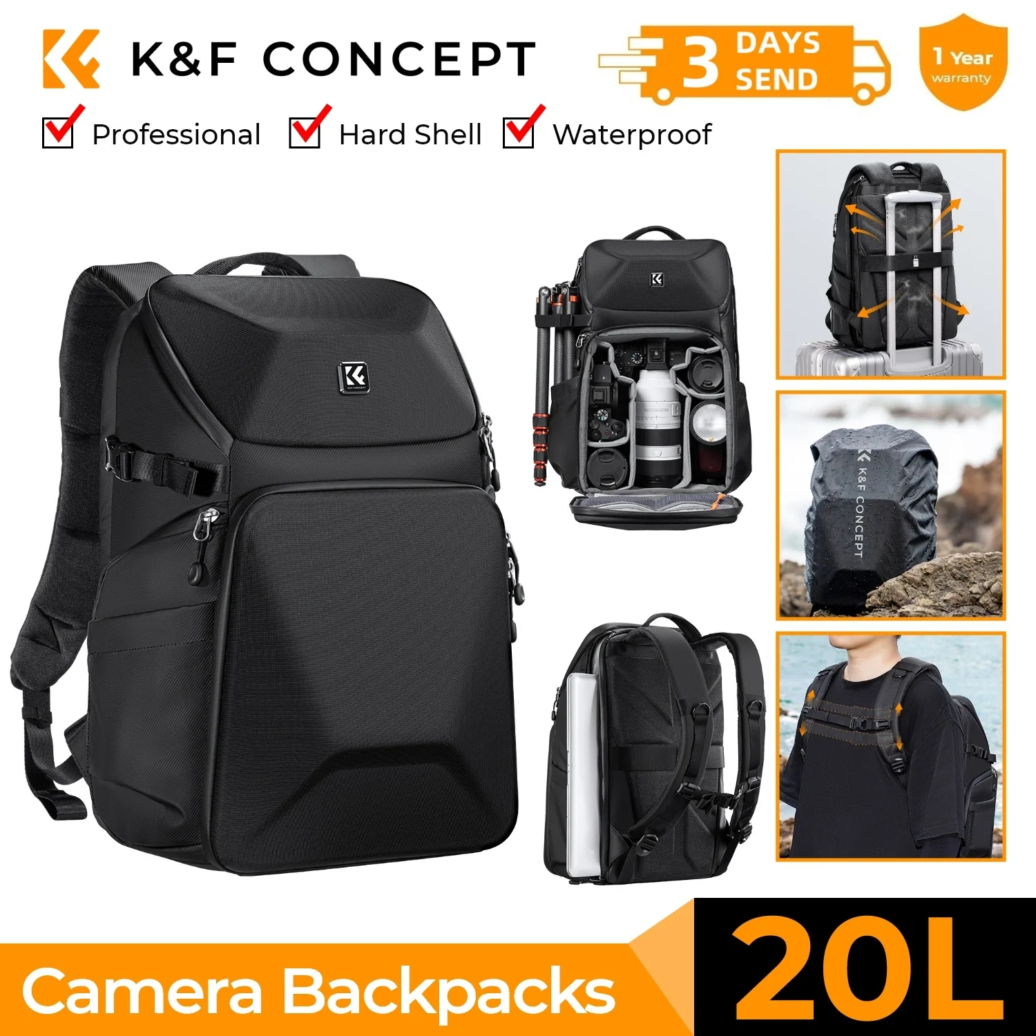 

Рюкзак для спортивной камеры K&F CONCEPT, 20 л, водонепроницаемый, с жестким передним отделением, для DSLR-камер/ноутбуков 15,6 дюймов/держателей для штативов