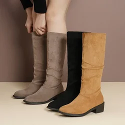 Pointed Toe Pleated Boots Women Black Nude Faux Suede Flock Knee High Boots Ladies Low Chunky Heel Cowboy Boots Plus Size 2024