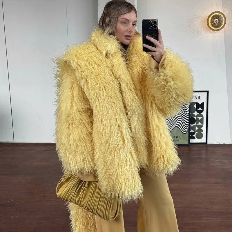 سترة نسائية من فراء الثعلب الصناعي المنفوش من Talenza معطف شتوي فضفاض فاخر بأكمام طويلة وخصر عالي معطف مرقع ملابس خارجية للنساء 2025