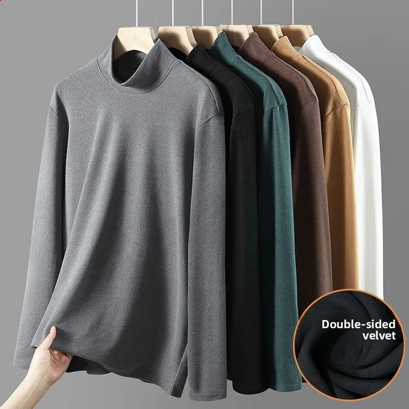 Men's Double-Sided Fleece Collar Thermal Long T-Shirt Sleeve Crew Neck Elastic Warm Underwear Autumn Winter Bottoming Shirts