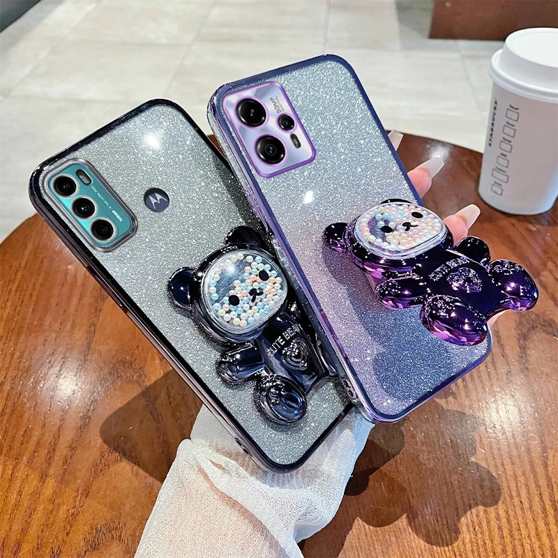 Motog60 Glitter Bright Plating Bear Holder Case For Motorola Moto G60 G50 G52 G82 G72 G73 G13 G23 G22 G9 G8 Silicone Stand Cover