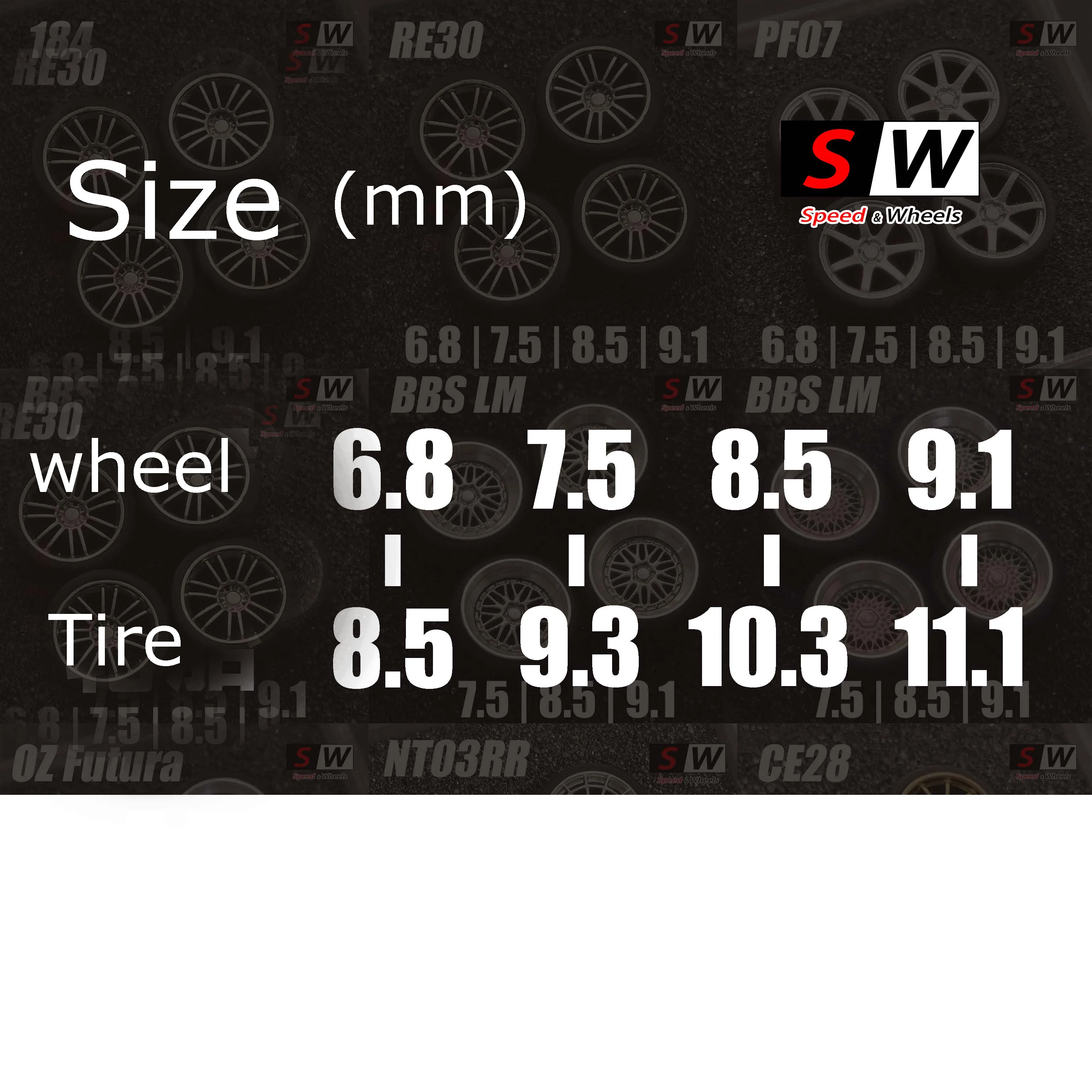 SW 1/64 Wheels 9.3mm 10.3mm 11.1mm Oz Futura Rims W Rubber Tires Metal Polished Edge Attitude Wheels for 1:64 Mini Car Model