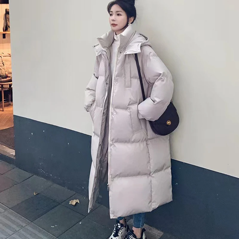 Women's Monochromatic Long Straight Winter Coat, Casual Parkas Clothes, Hooded Stylish Jacket, Female Outerwear, New