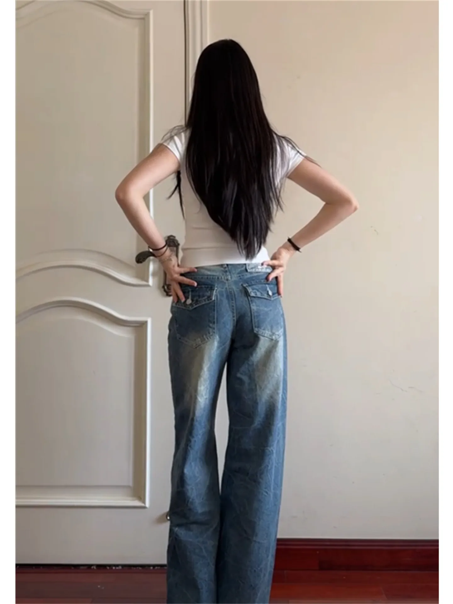 

Retro Low Waist Straight Leg Blue Jeans Women's Loose Slimming Tall Extended Design Sensation Spicy Wide Leg Pants