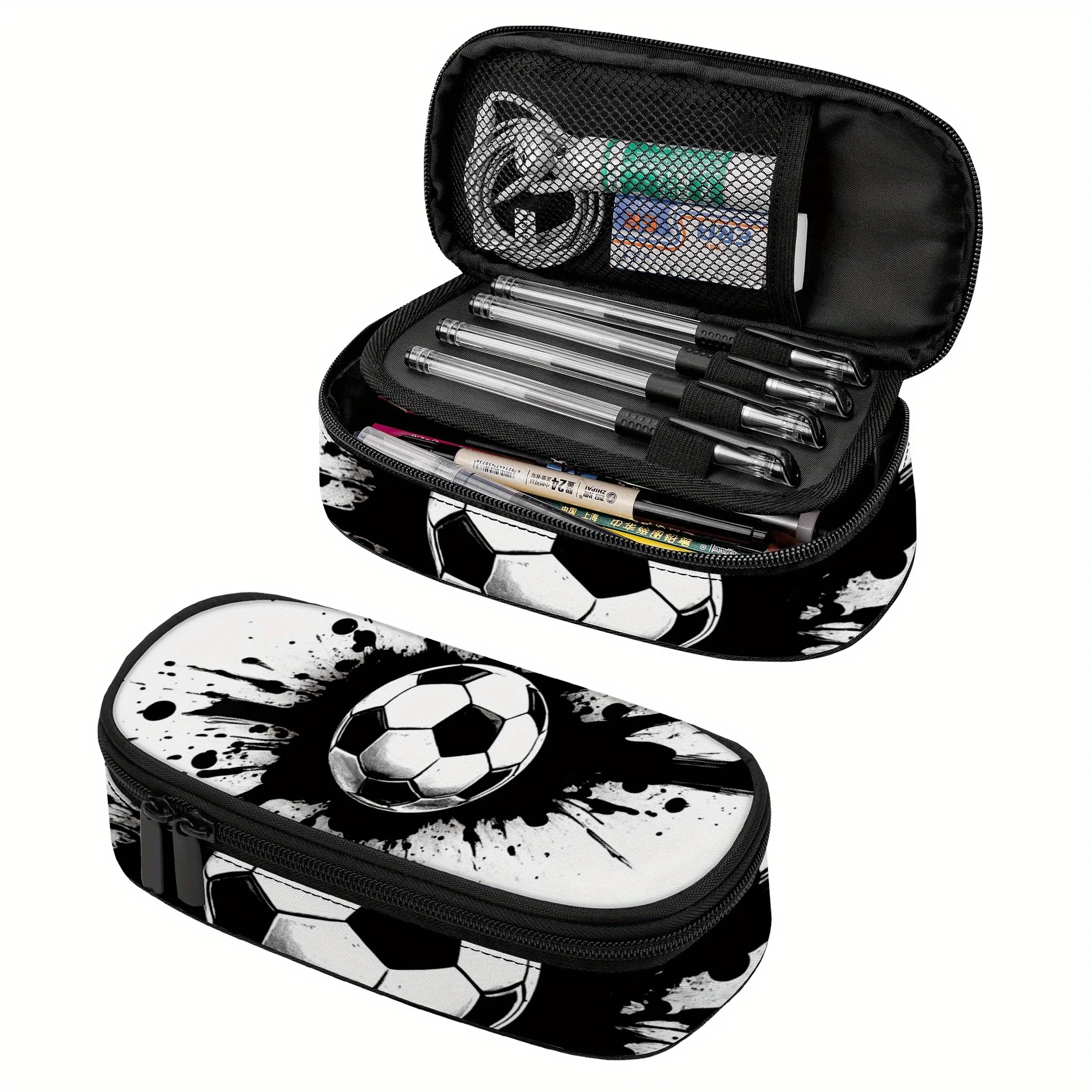 Soccer Splash Pencil Case Football Art Pencil Pouch Ball Design Pencil Bag with Zipper Compartment Sport Graphic Makeup Bag