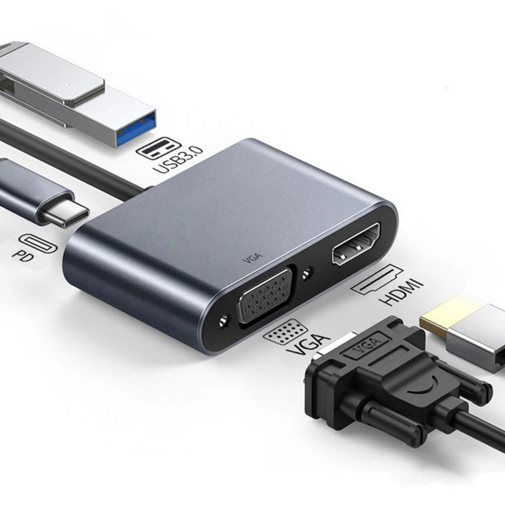 

Многопортовый USB-C хаб 4-в-1: док-станция Type-C с поддержкой 4K HDTV, VGA и быстрой зарядкой 100 Вт PD для ноутбуков MacBook Pro/Air