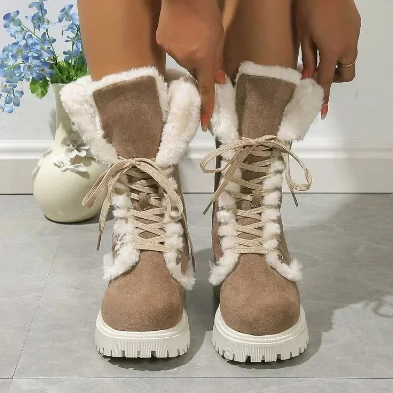 Thicken Plush Women\'s Winter Snow Boots 2023 Fur Platform Boots Woman Mid-calf Lace-up Snow Boots for Women Warm Cotton Shoes