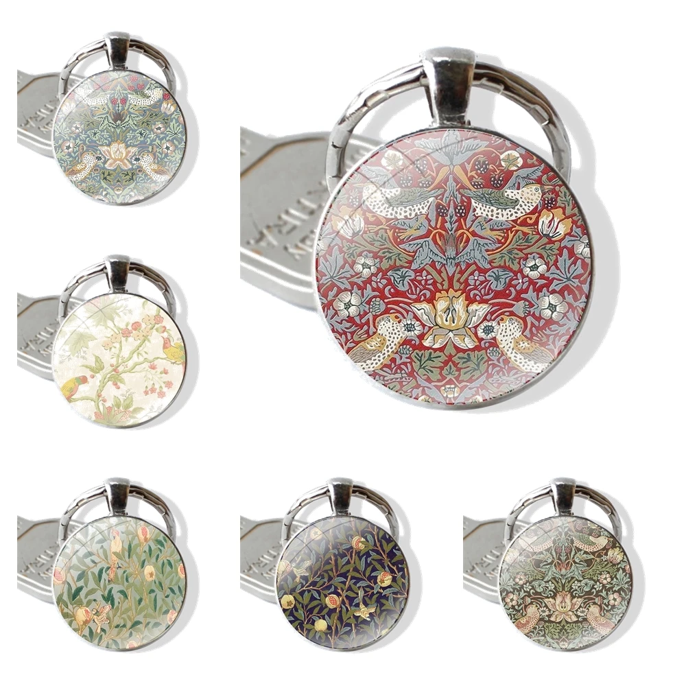 Keychain Handmade Glass Cabochon Key Ring Holder Pendant Key Chains Luxury William Morris Bird