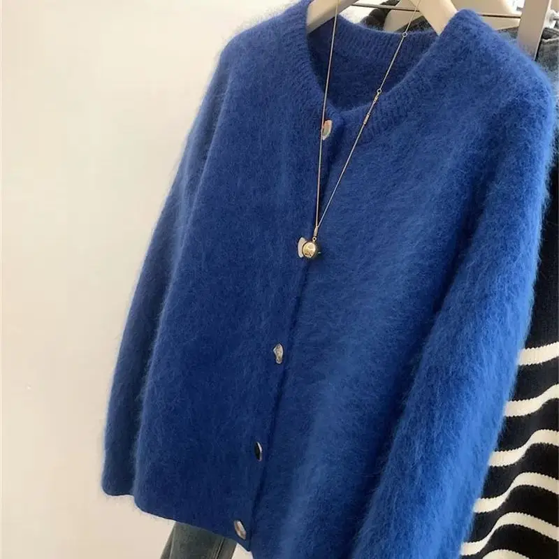 Limiguyue Autumn Winter Klein Blue Cashmere Cardigan Coat Women Mohair Thick Jumper Versatile Solid Soft Wool Knit Sweater 180P