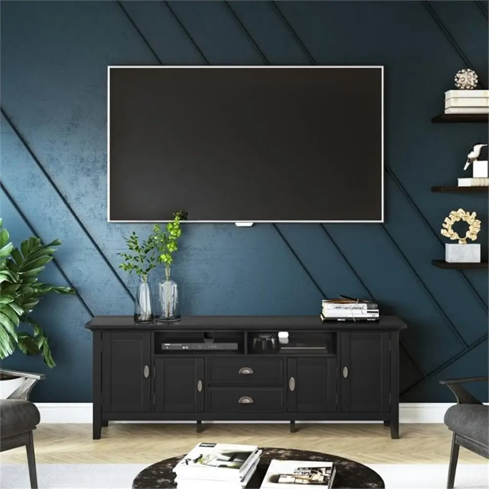 Simplihome Redmond Solid Wood 72 Inch Wide Transitional Tv Media Stand In Black For Tvs Up To 80 Inches, For The Living Room