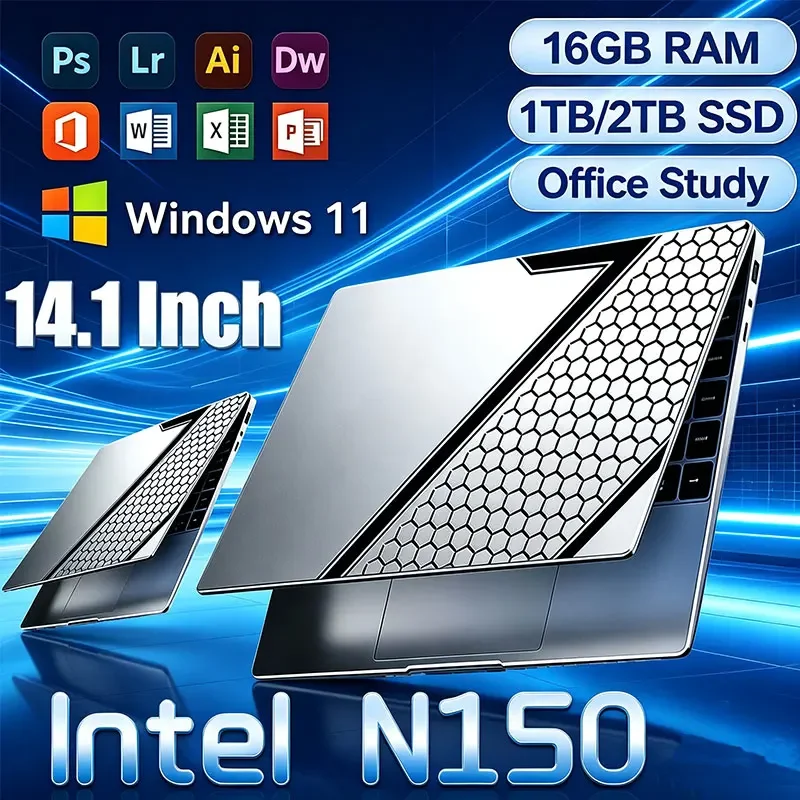 Intel N150 14.1" Gaming Laptop Windows 11 16GB RAM 1/2TB M.2 SSD Laptops 4K HD Desktop Office School Study Notebook Computer PC