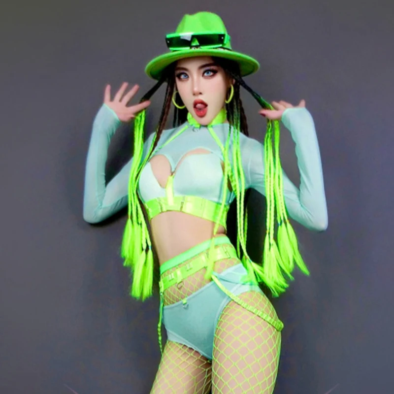 Fluorescent Green GoGo Dance Costume Women Nightclub Sexy Dj Show Clothing Mesh Tops Bikini Rave Outfit Bar Party Wear DNV17809