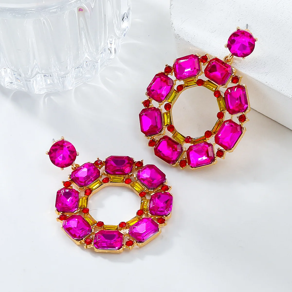 Round Dangle Drop Fuchsia Green Crystals Earring for Women Luxury Wedding Fuchsia Jewelry