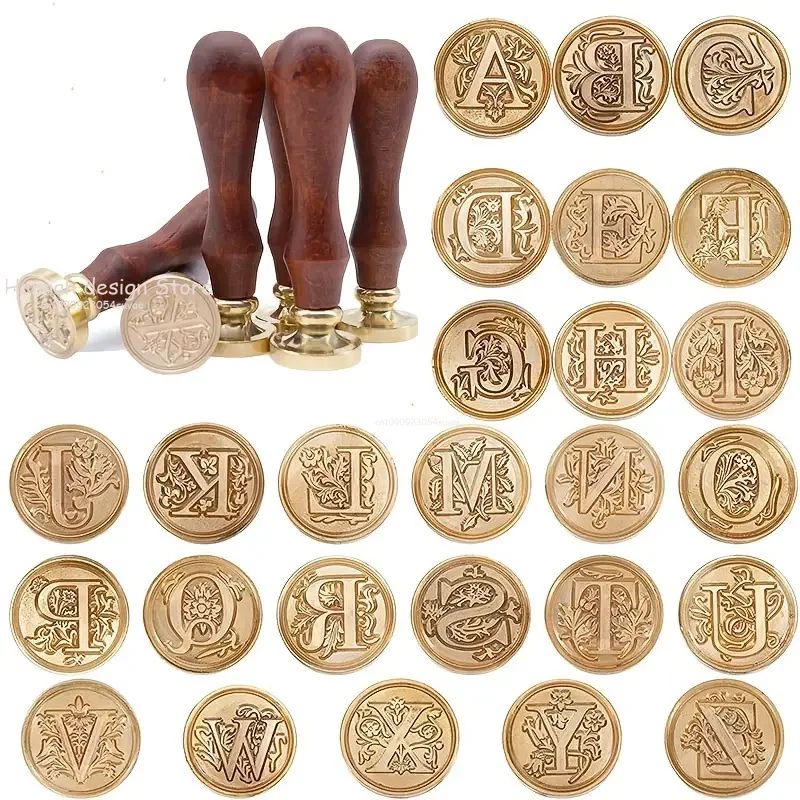 

Штампы для восковых печатей с деревянной ручкой, готические, 26 букв алфавита, восковые значки-штампы, буквы A-Z, для пригласительных открыток, декора бутылок