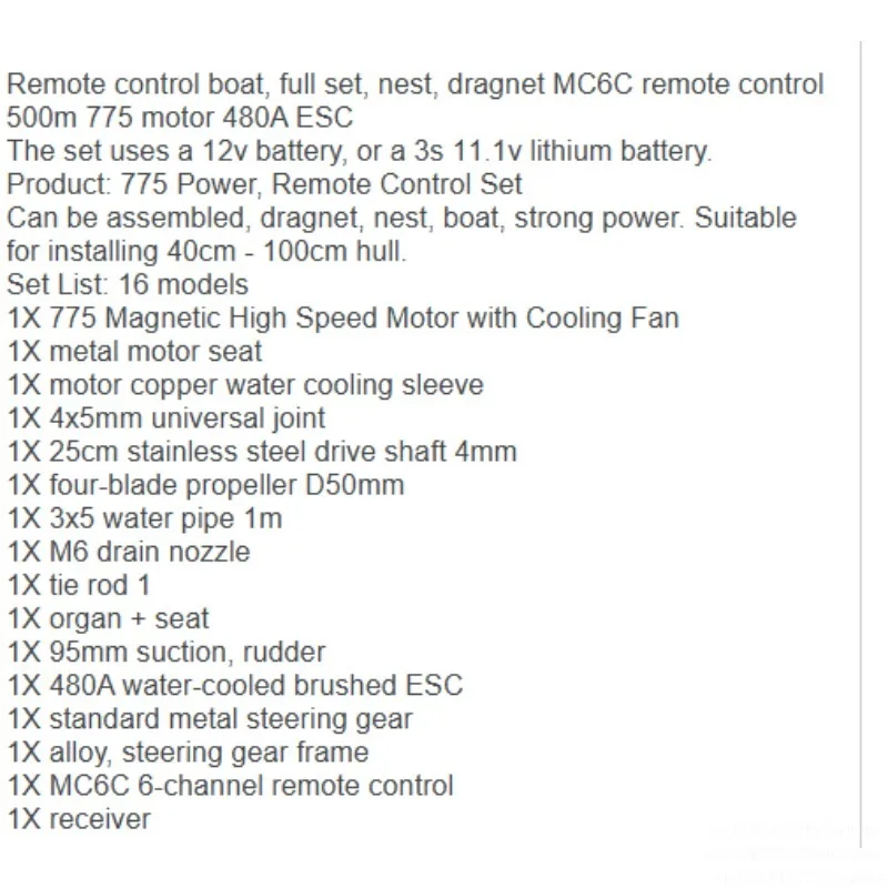 500m Range Full Set RC Boat 775 Motor 480A ESC W/MC6C Remote Control Speed Boat
