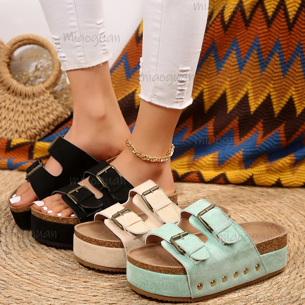 

Women Wedge Summer Slippers Roman Style Open Toe Sandals Vacation Bohemian Shoes for Womens Thick Soled Platform Flat Slides